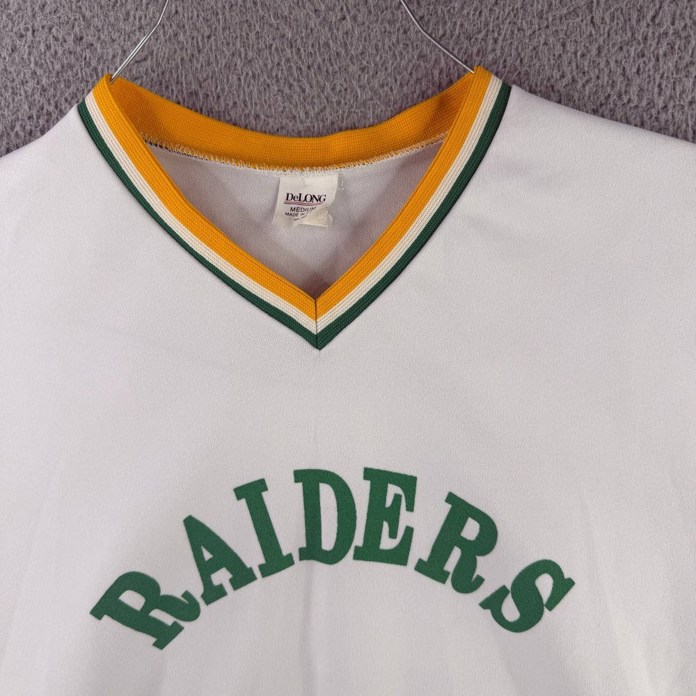 DeLONG Jersey Mens Medium White Raiders 22 Crow V-Neck Vintage Made in USA
